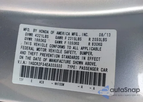 2014 Honda Accord Sport из США, поврежденный, VIN 1HGCR2F54EA005500